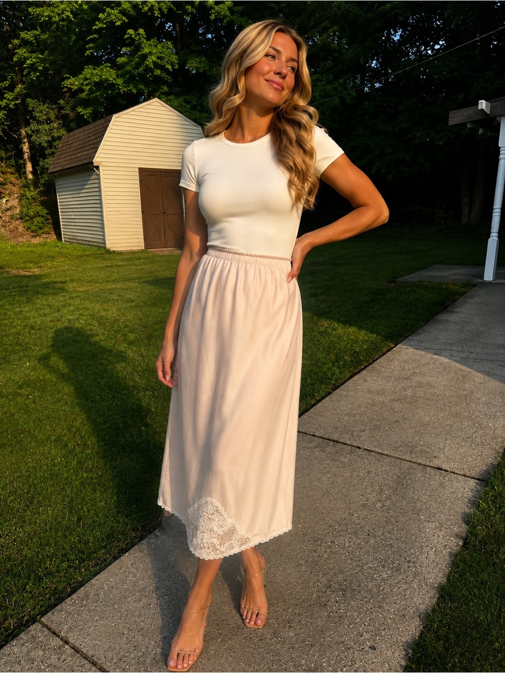 Women's Blush Pink Lace-Trim Midi Skirt